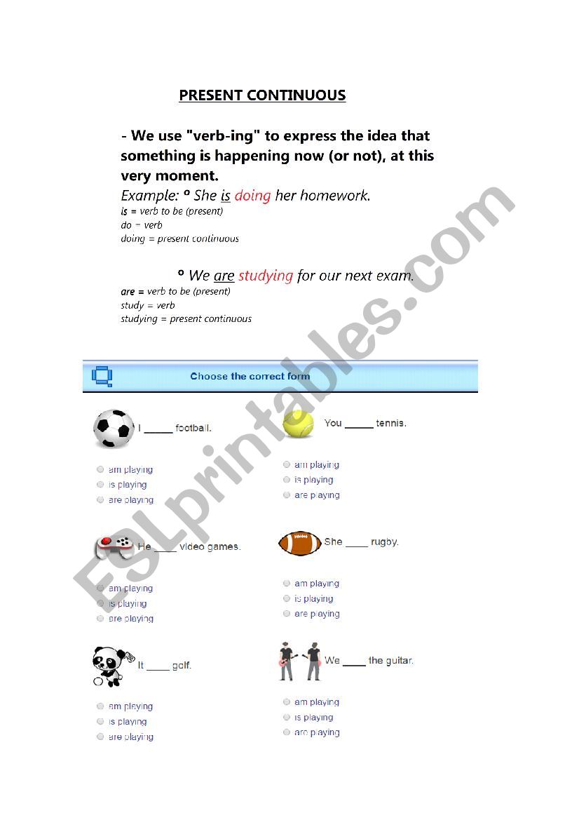 Present Continuous Exercises worksheet
