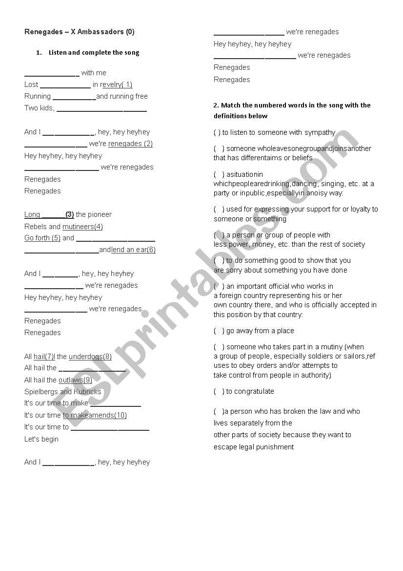 Renegades - X Embassadors worksheet