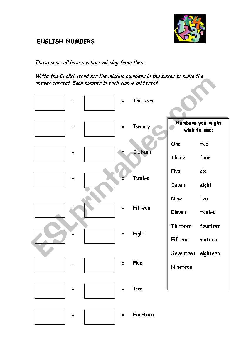 English Numbers worksheet