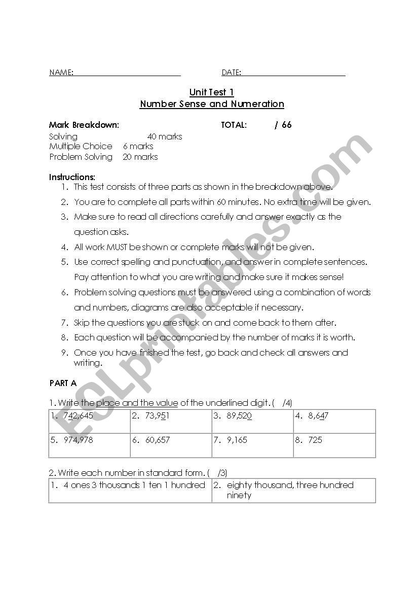 Place Value Unit Test worksheet