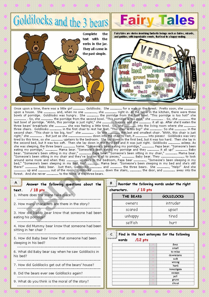 Goldilocks and the three bears. Reading + past simple + KEY