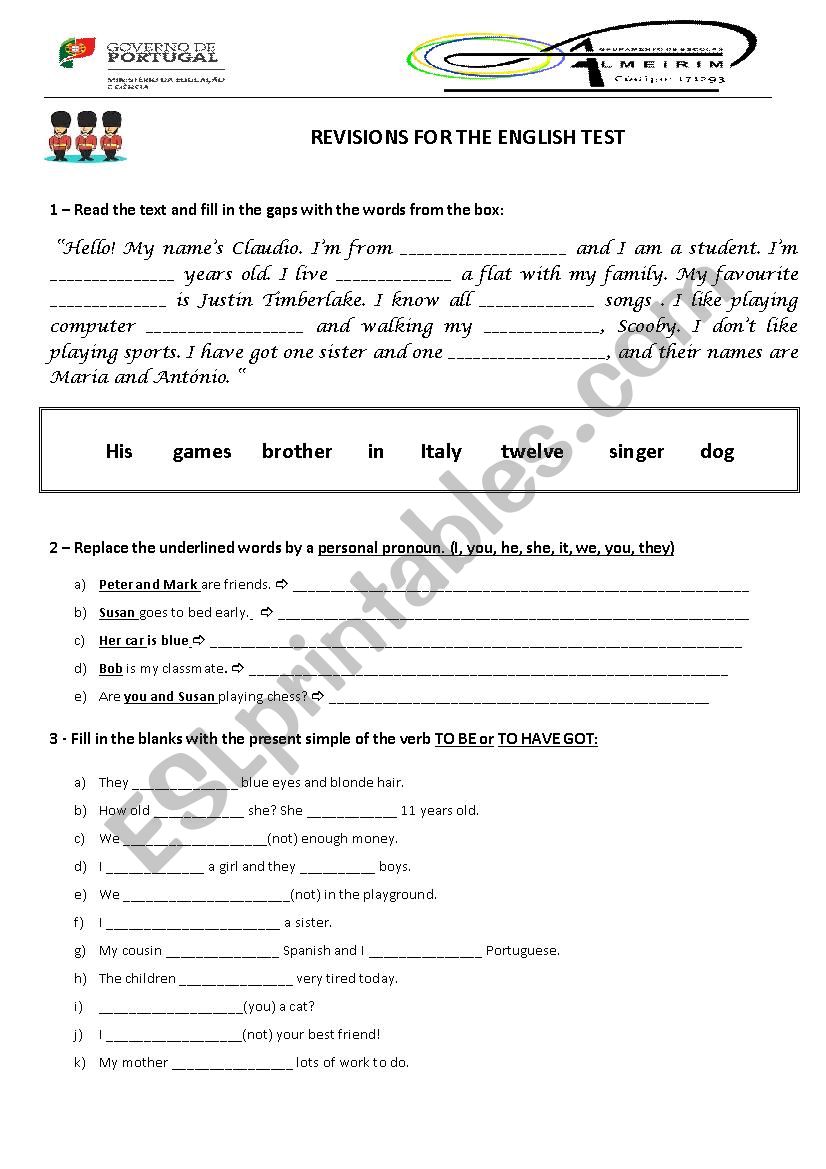 Worksheets Portuguese Worksheets revisions for the 1st test portuguese students 7th grade esl grade