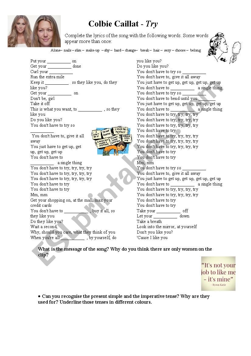 Colbie Caillat- Try worksheet