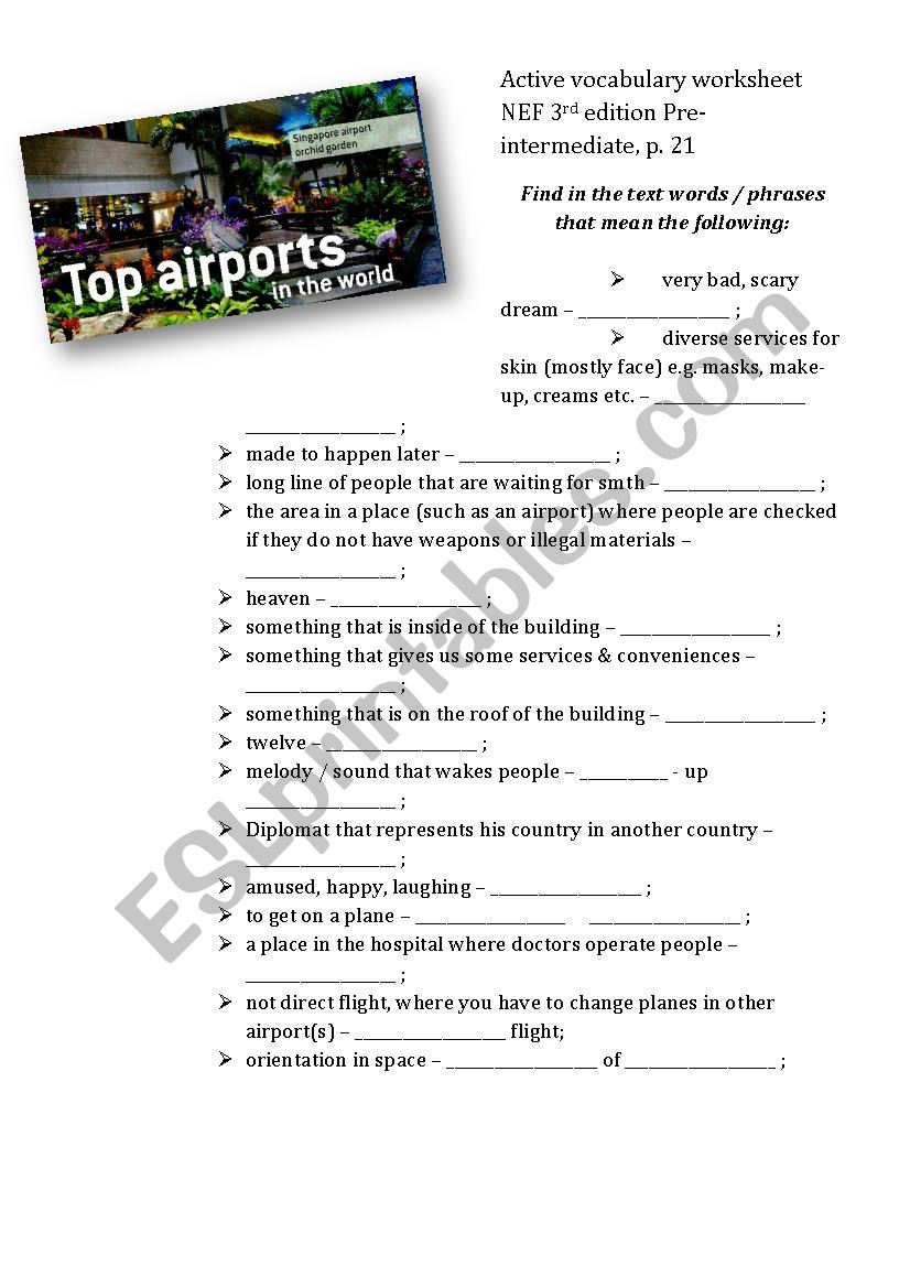 Active vocabulary worksheet for the text about airports (English File Pre-intermediate 3rd edition Unit 3A) 
