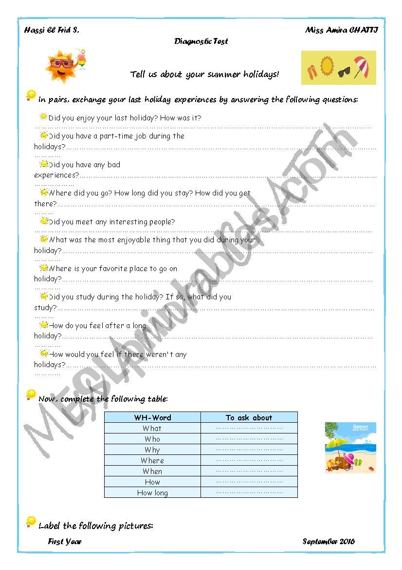 Diagnostic Test 1st year worksheet