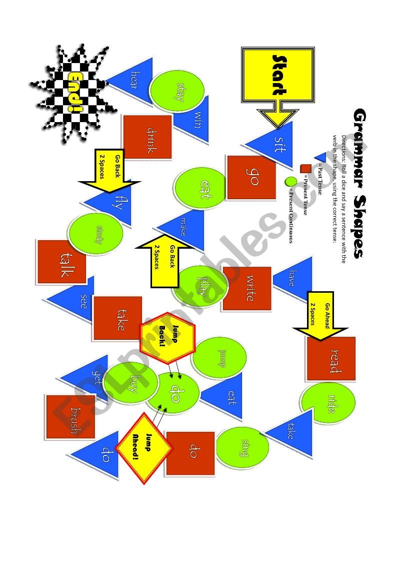 Grammar/Verbs Boardgame: PAST, PRESENT, PRESENT CONTINUOUS + Shapes