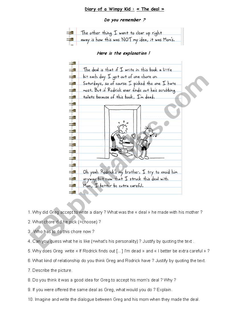 Diary of a Wimpy Kid reading comprehension questions
