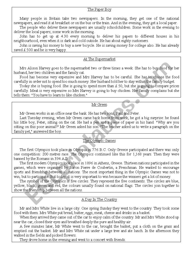 90 SHORT READING PASSAGES FROM DIFFERENT RESOURCES