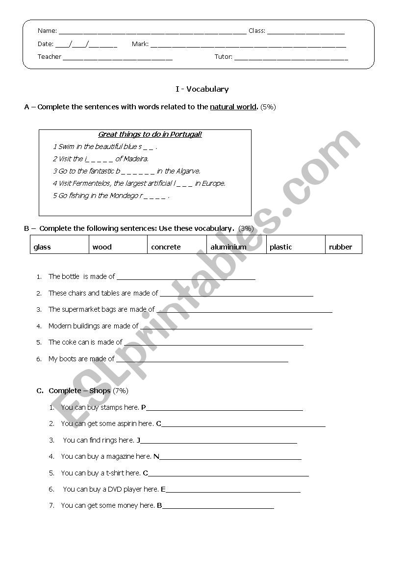 8th grade Test worksheet