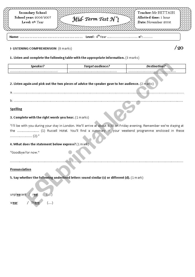 midterm test 01 4th form 2006 worksheet