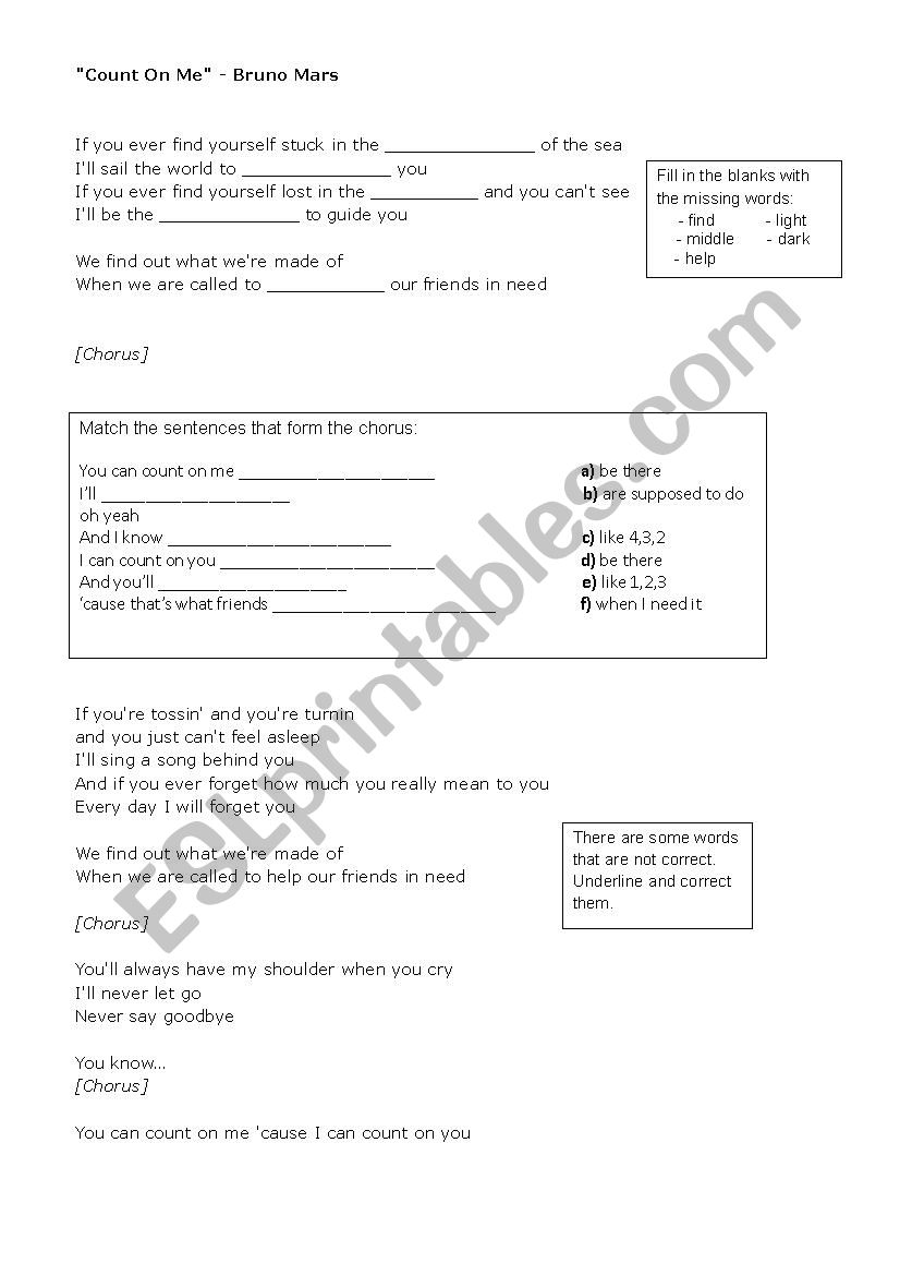 Count On Me (Bruno Mars) - Song Worksheet