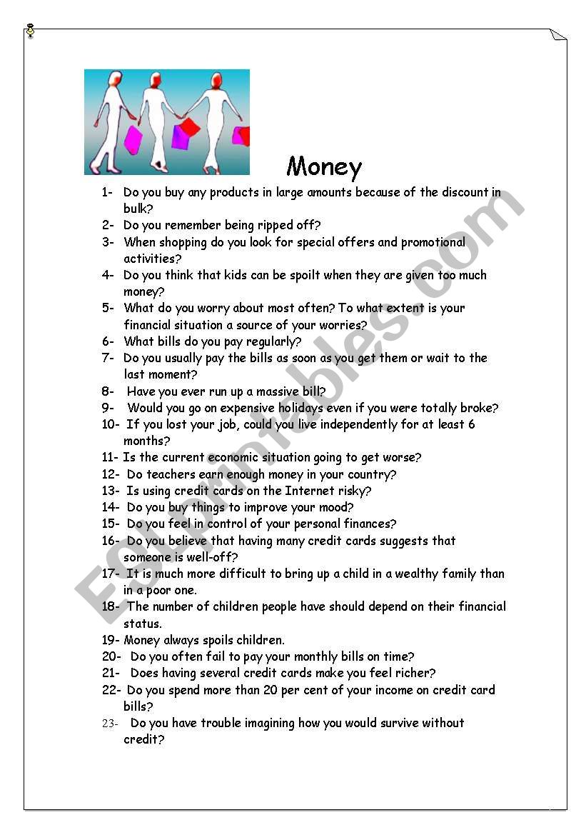 Money conversation questions worksheet