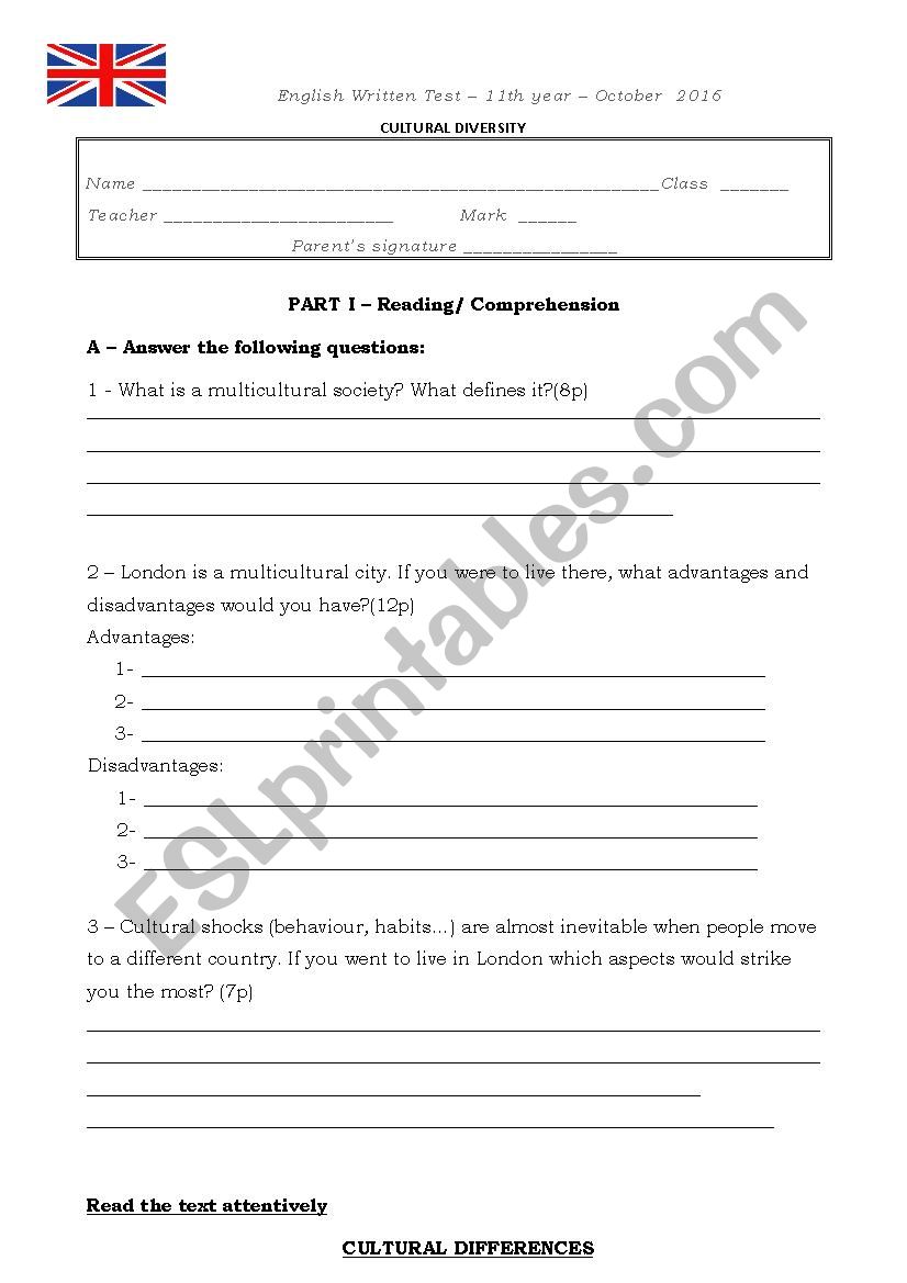 Cultural Diversity worksheet