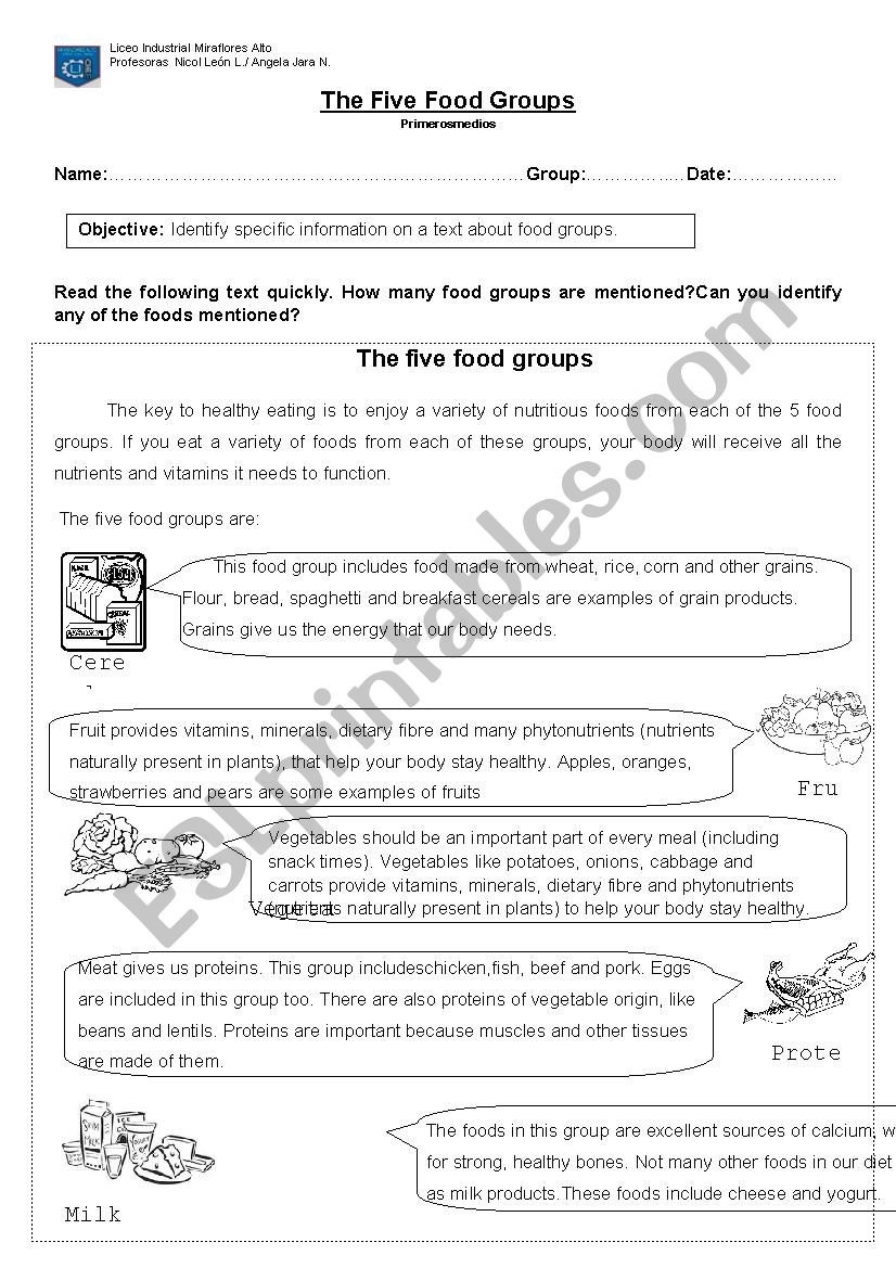 The five food groups worksheet