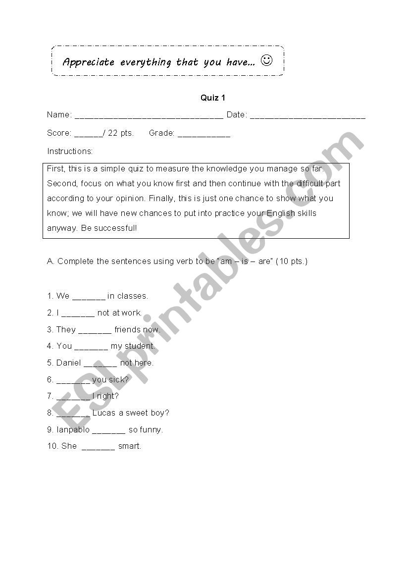 Verb To Be quiz worksheet