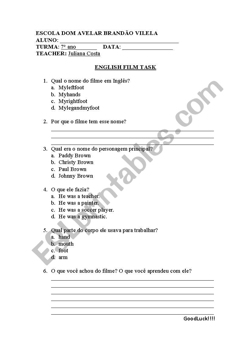 My left foot worksheet