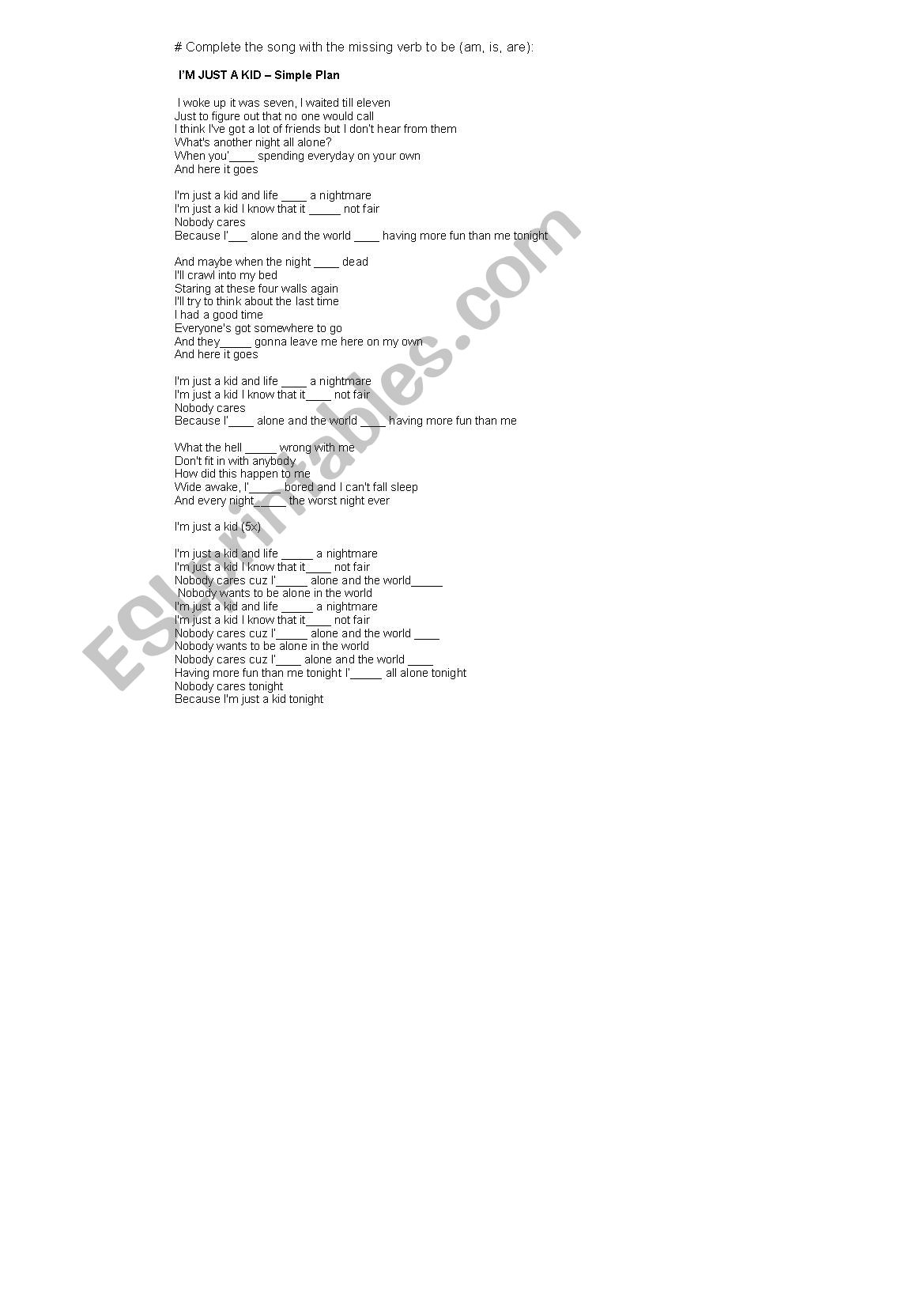 Im just a kid - Simple Plan worksheet
