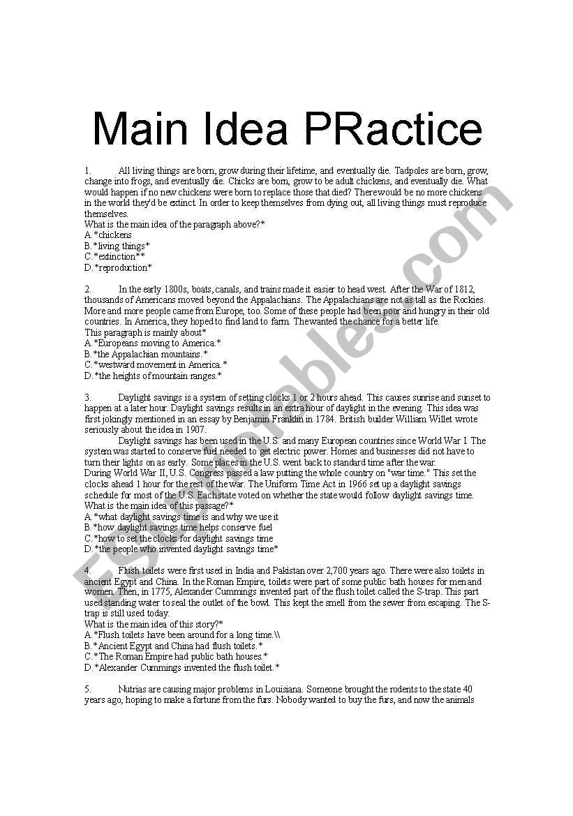 Main Idea Practice worksheet