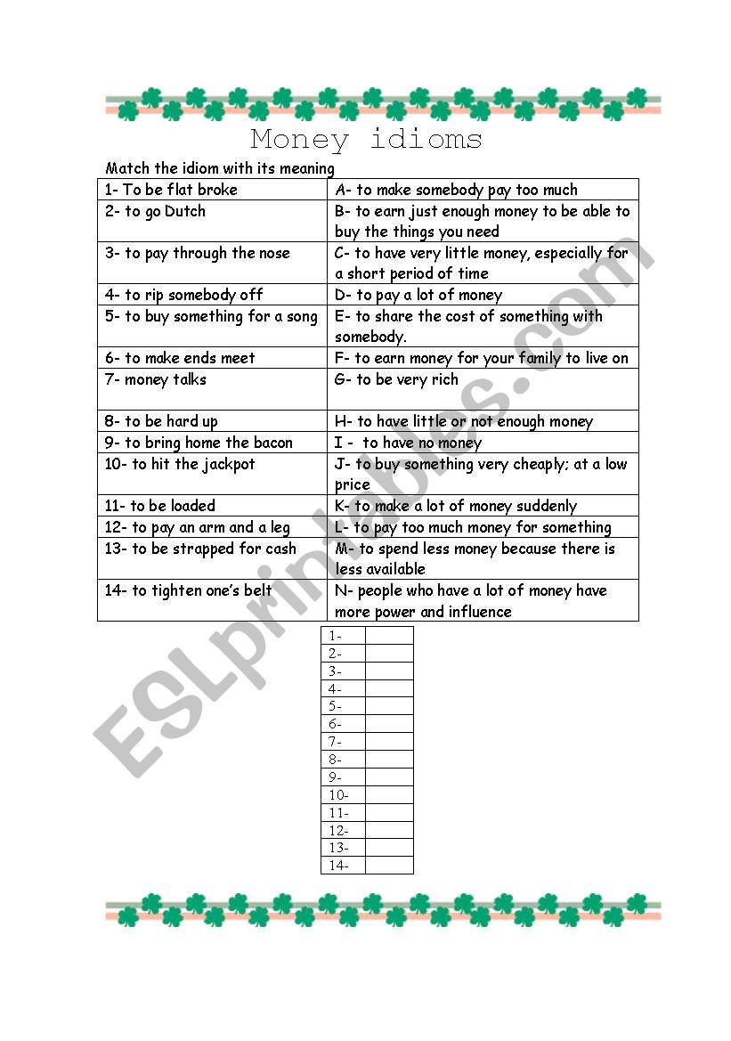 Money Idioms Exercise worksheet