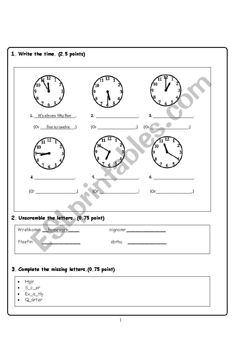 time telling worksheet