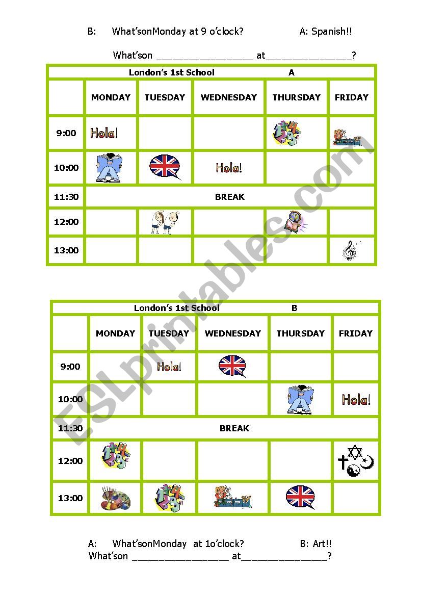 SPEAKING TIMETABLE ABOUT SCHOOL SUBJECTS