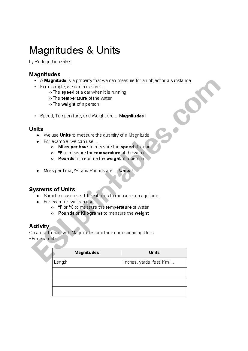 Magnitudes and Units worksheet