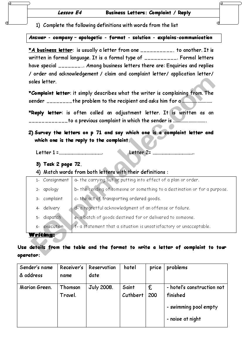 Lesson E4: Business Letters complaint/reply