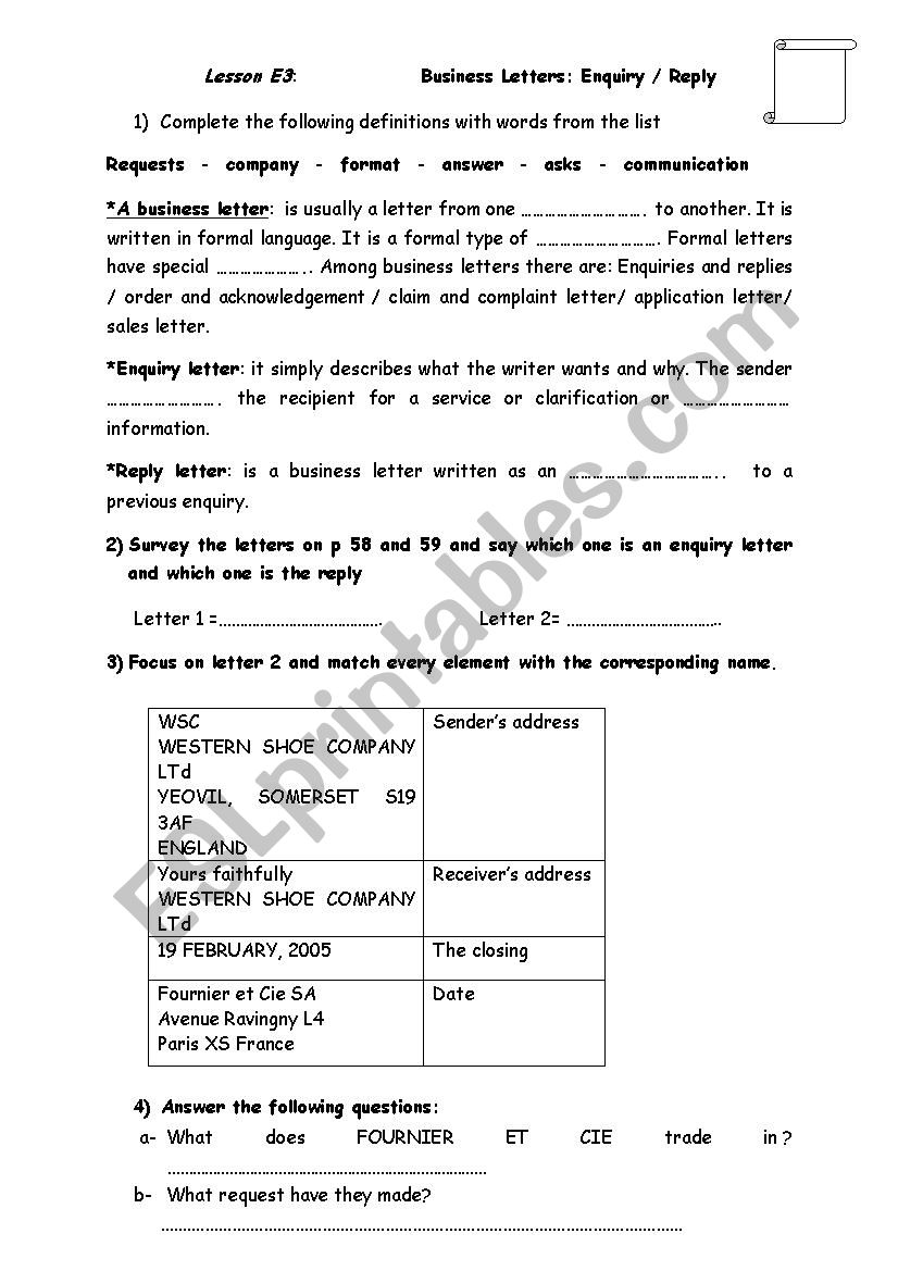 Lesson E3: Business Letters worksheet