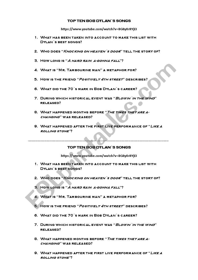 Top ten Bob Dylans songs worksheet