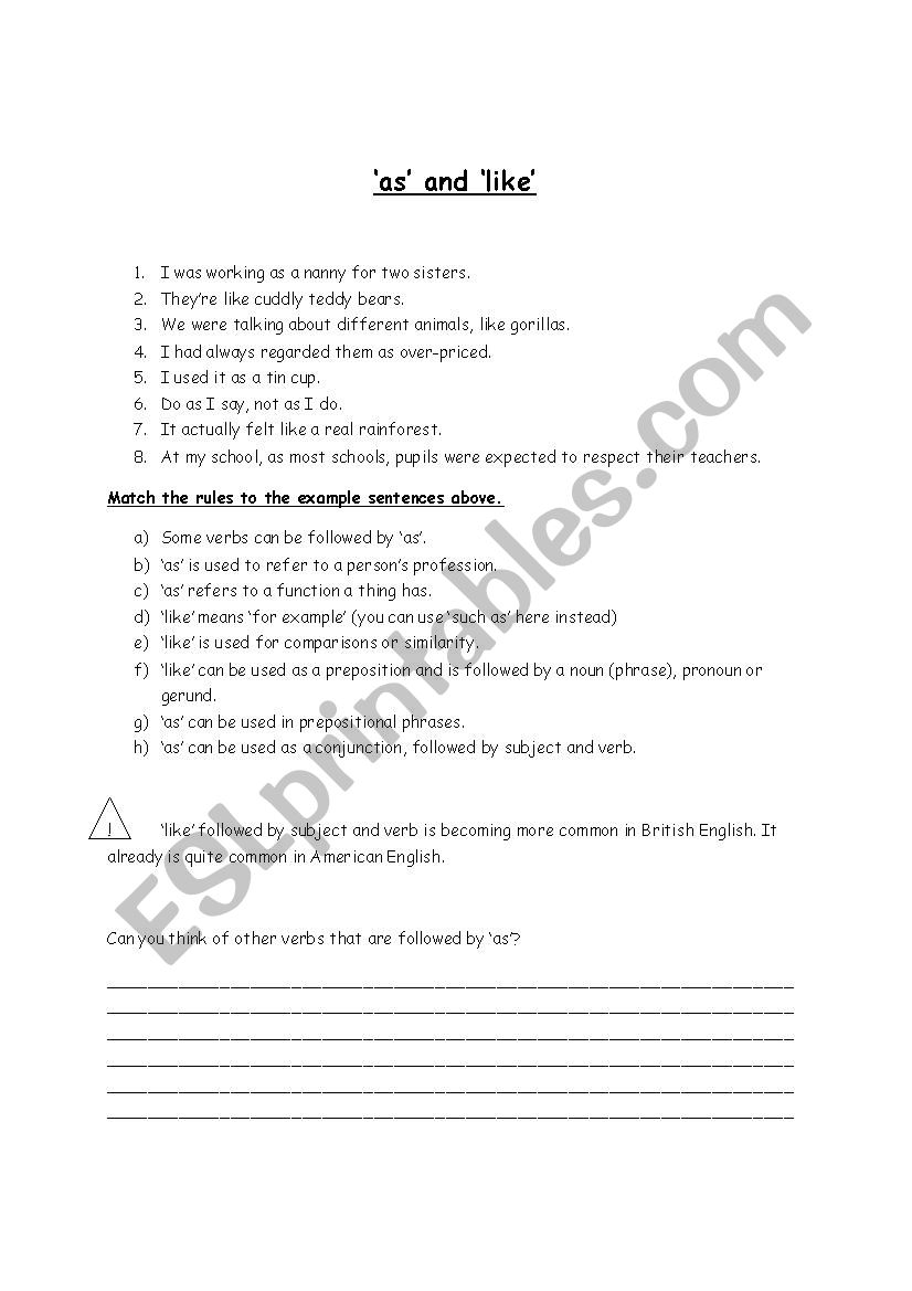 as and like worksheet