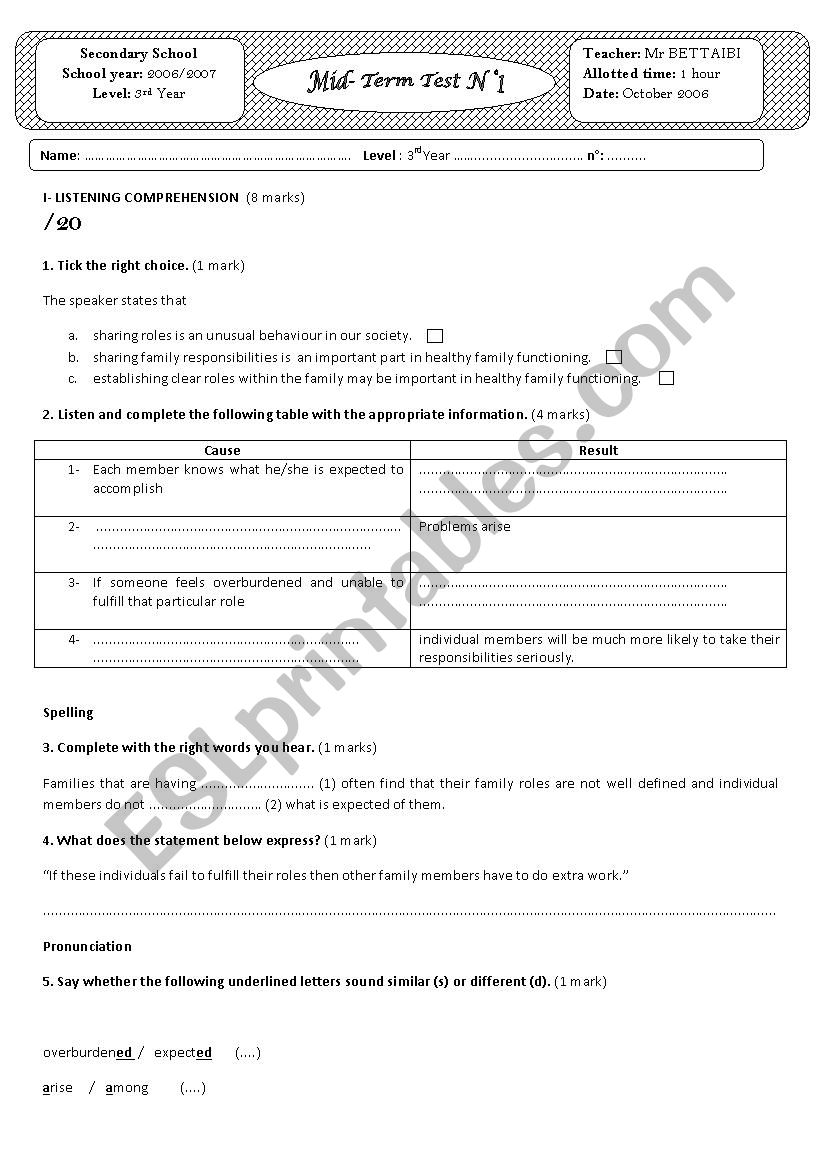 midterm test 01 3rd form 2006 worksheet
