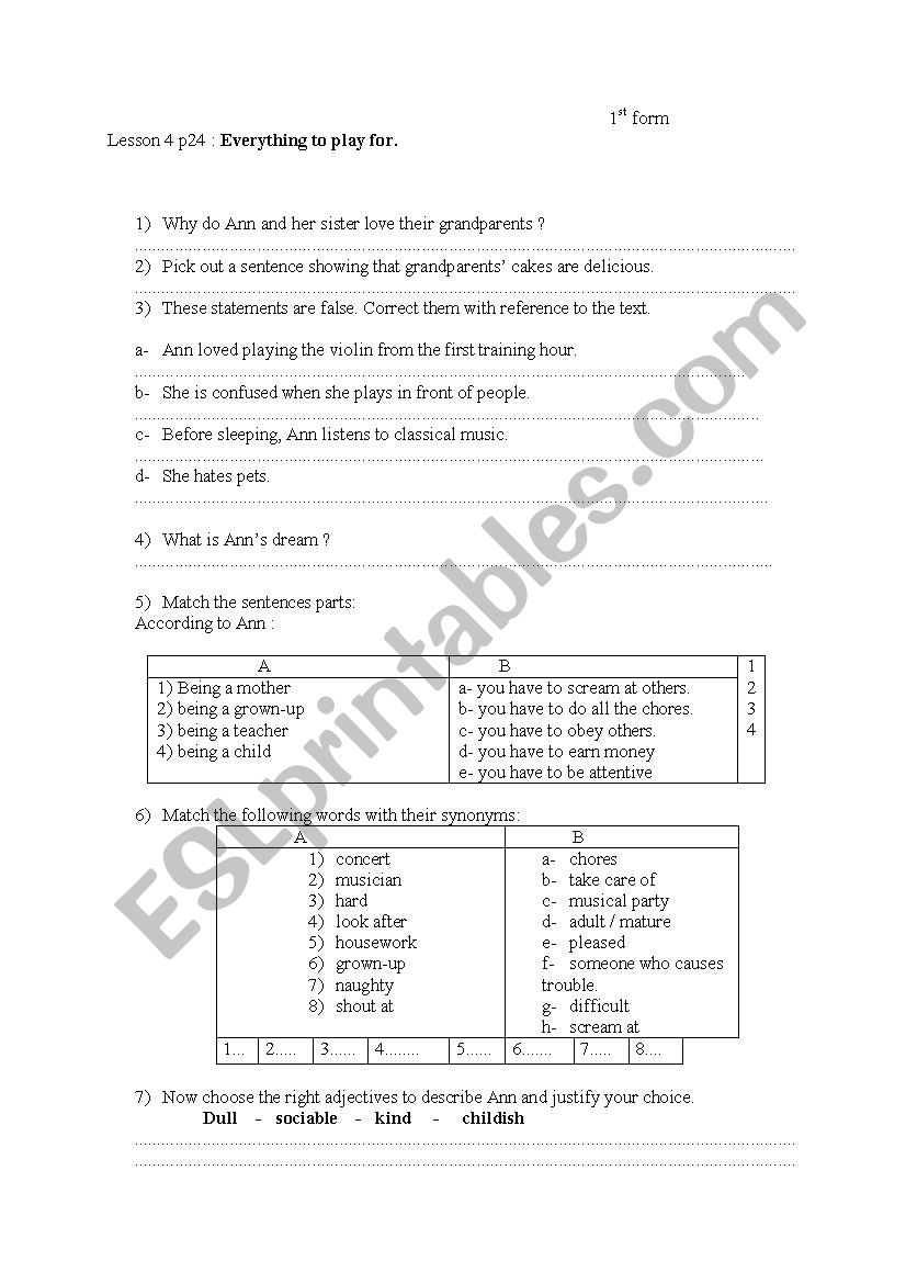Lesson 4 For 1st form pupils worksheet