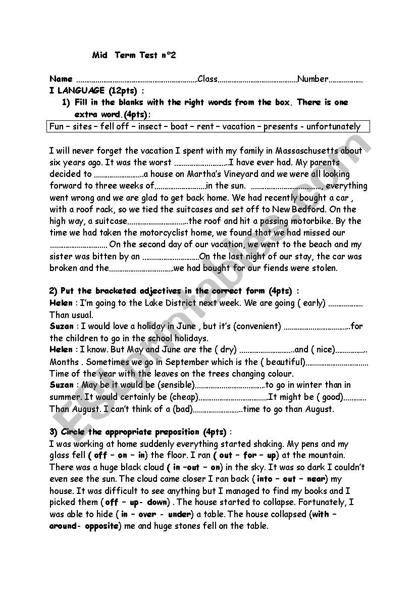 mid term test n°1 for 3rd form pupils - ESL worksheet by roufa