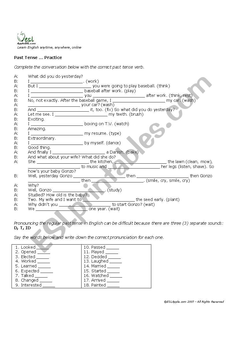 Past Tense Worksheet worksheet