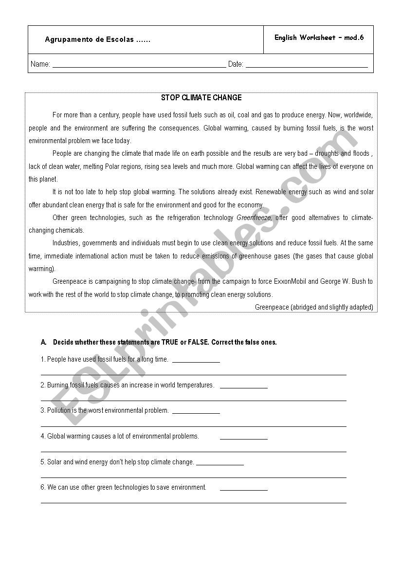 Climate Change worksheet