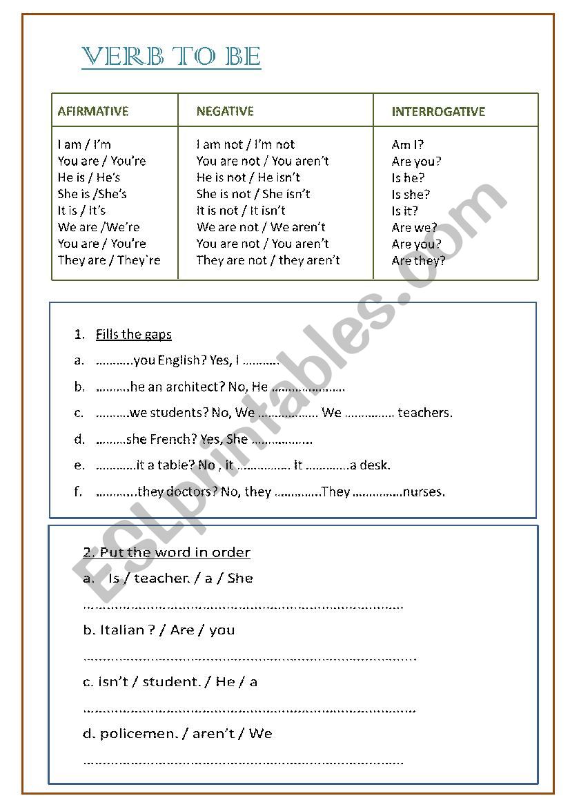 verb to be worksheet