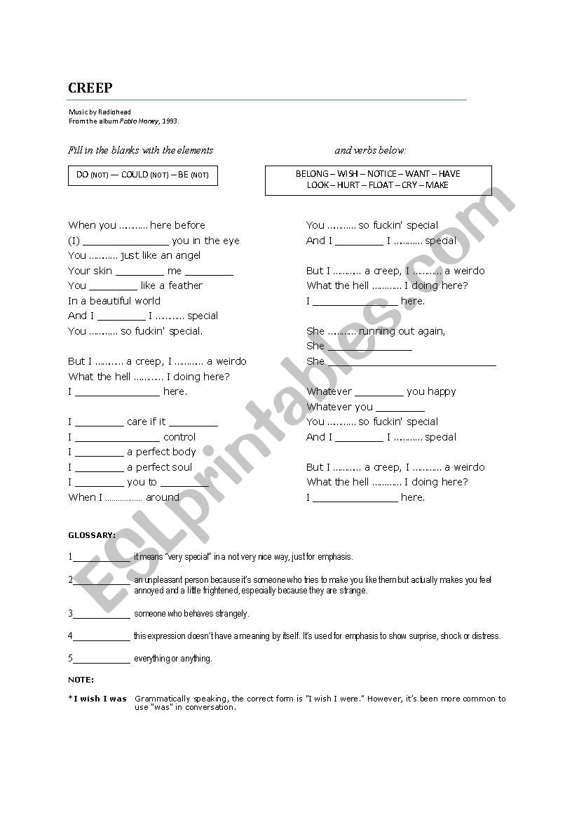 Radiohead-Creep worksheet