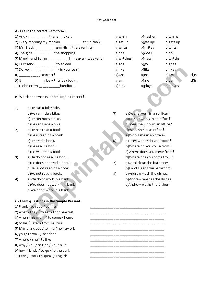 Test on verb to be worksheet