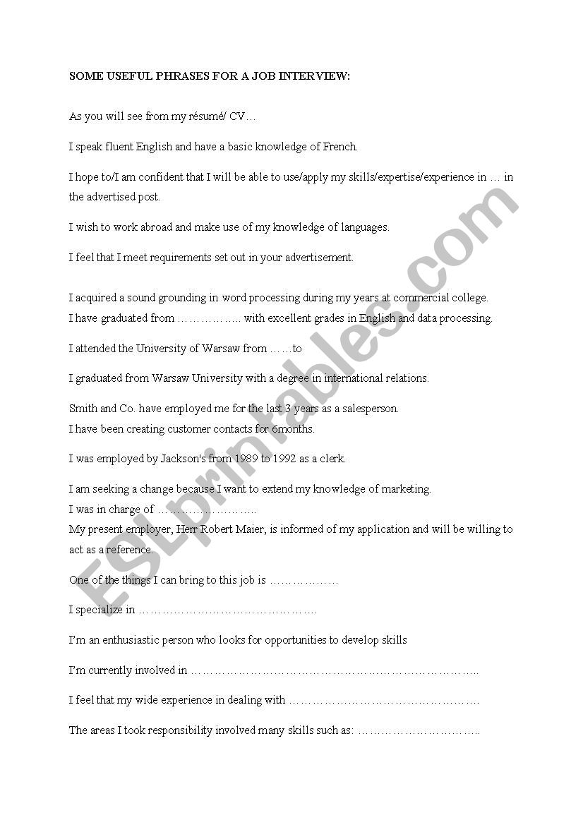 Job interviews worksheet