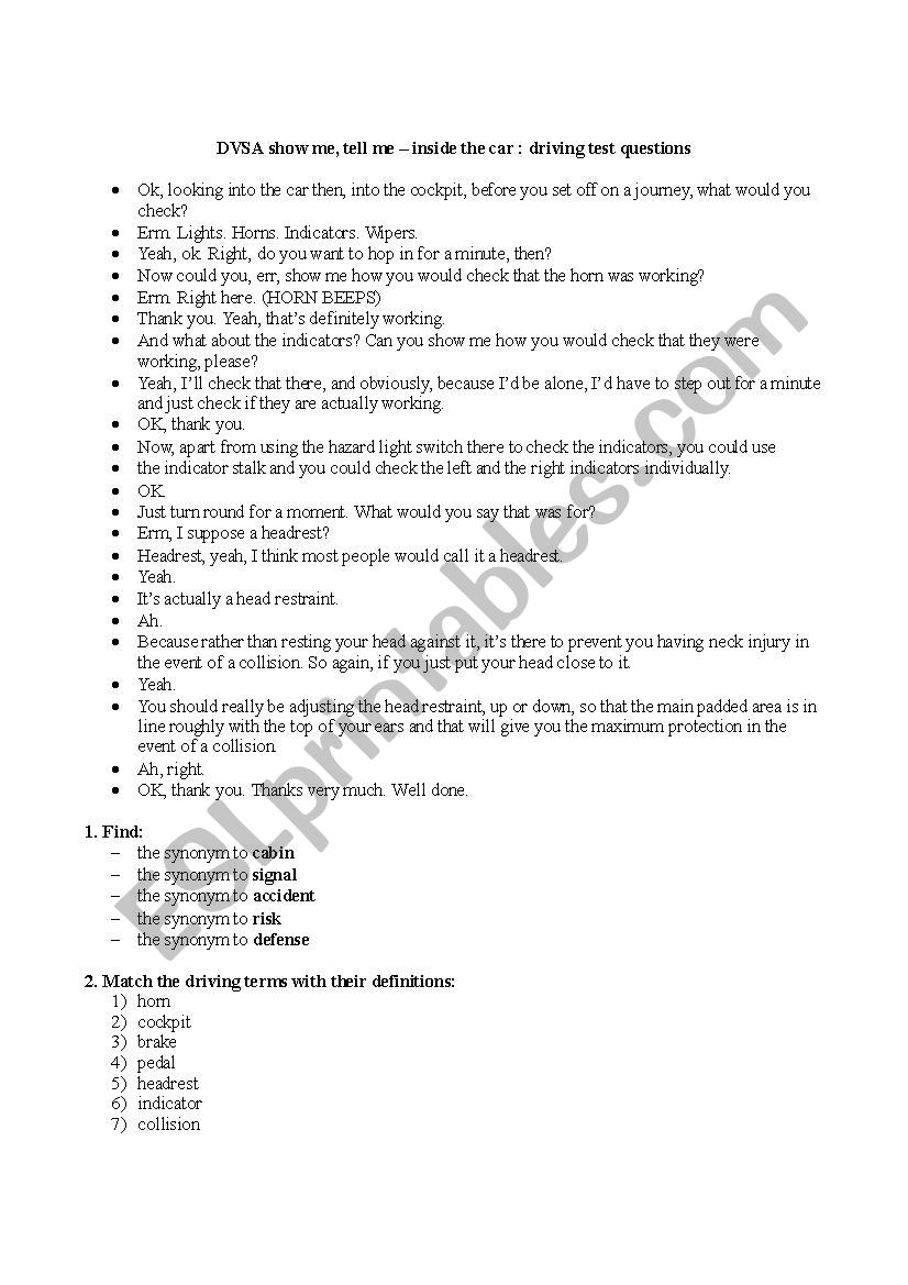 Cars and Driving - A stunning driving test listening worksheet