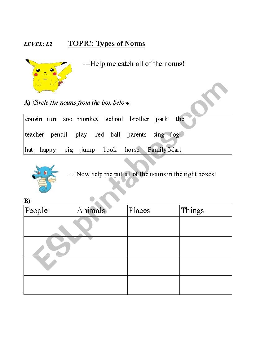 Types of Nouns - ESL worksheet by marcchecknita With Regard To Types Of Nouns Worksheet