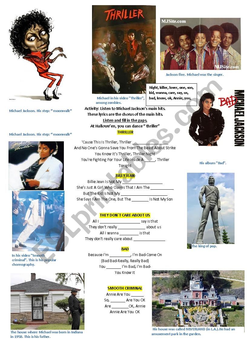 Michael Jackson. Main hits worksheet