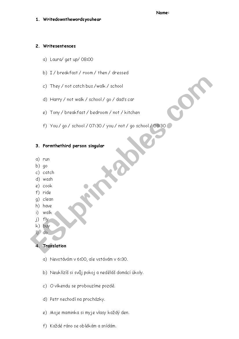 Present simple test worksheet