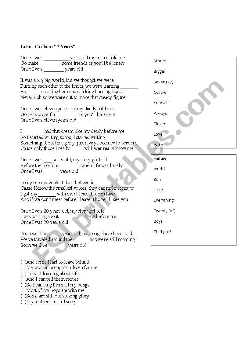 7 years - Lukas Graham worksheet