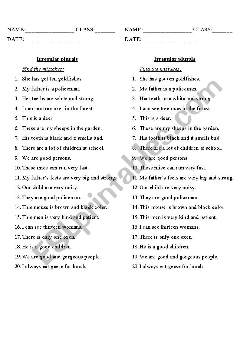 Irregular plurals worksheet