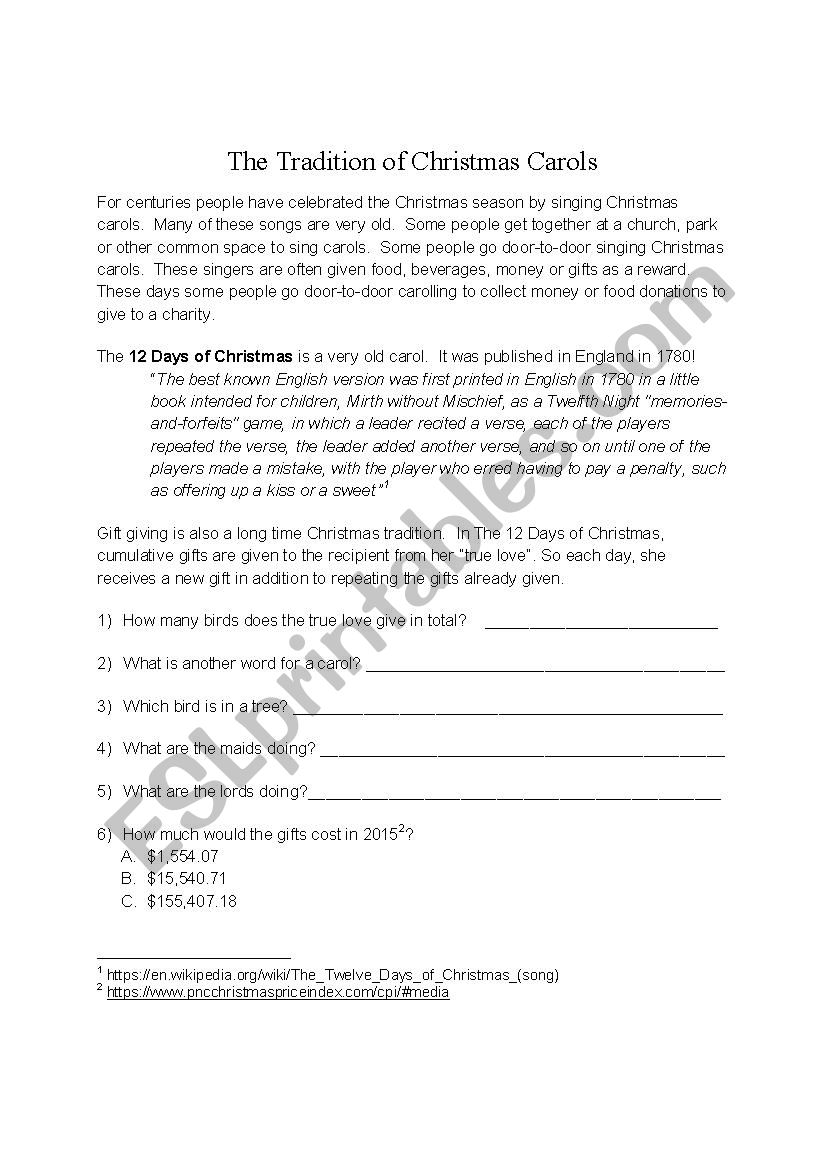 12 Days of Christmas (History and Worksheet)