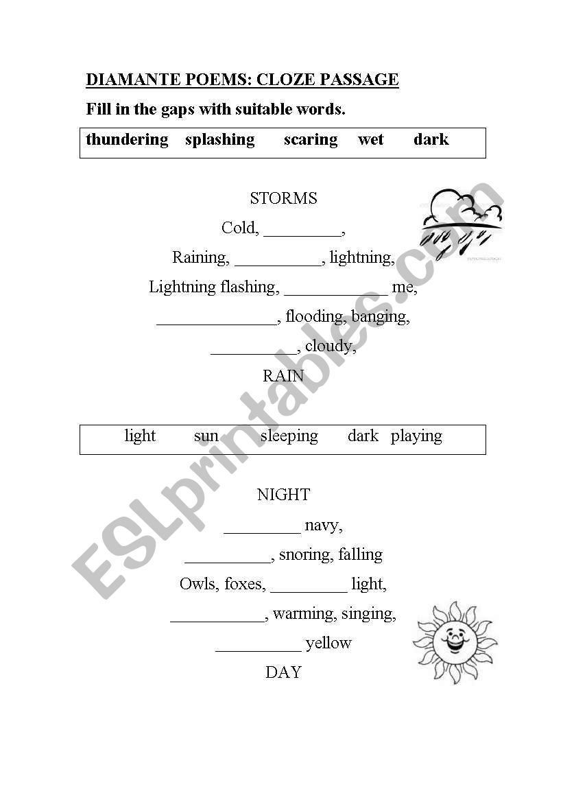 Diamante poems worksheet