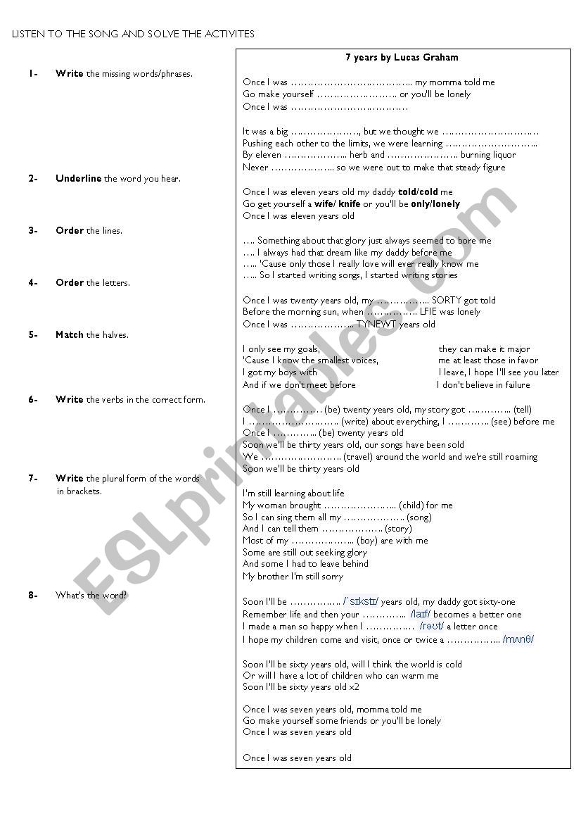 7 years.- song worksheet