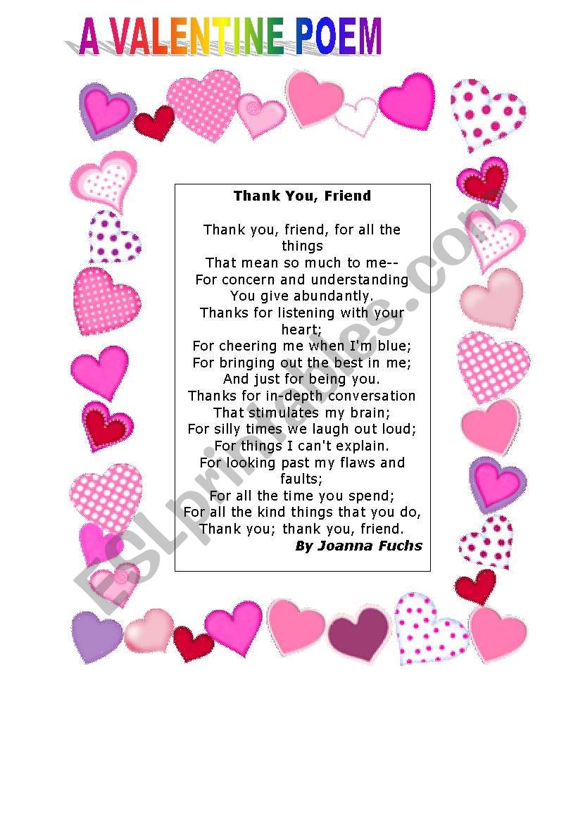 VALENTINE POEM FOR FRIENDSHIP worksheet