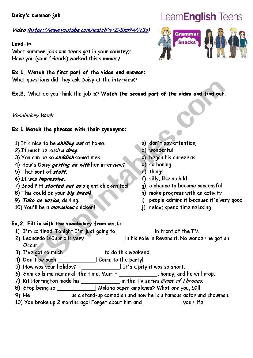 Daisys Summer Job worksheet